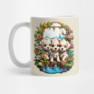 Three White Puppies playing in the mystic garden Mug